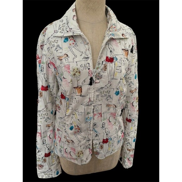 Conversational Parisian Dog Walking Boutique Embellished Print Zip Jacket Sz 6 - Picture 1 of 11